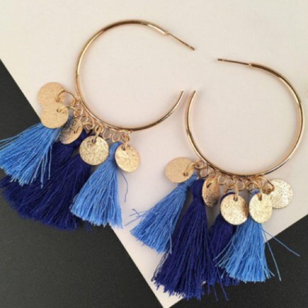 Blue Circle Disc Tassel Hoop Earrings